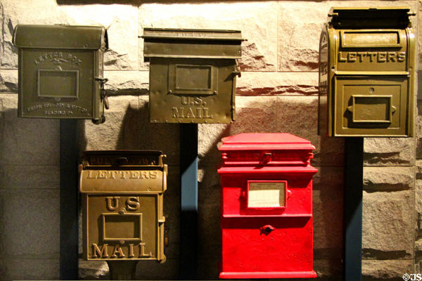 Collection of historic letter boxes at National Postal Museum. Washington, DC.