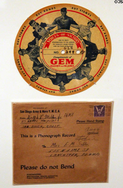 WW II Voices of Victory phonograph record mailed from soldier to family at National Postal Museum. Washington, DC.