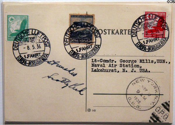 Hindenburg first North America postal cover postmarked May 8, 1936 at National Postal Museum. Washington, DC.