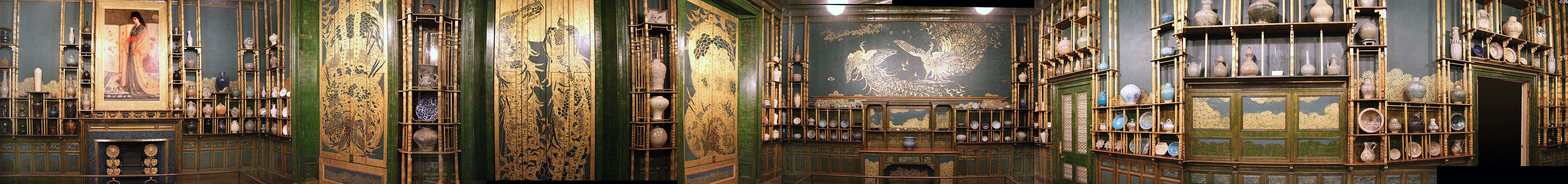 Panorama of Peacock Room (1876-7) designed by James McNeil Whistler & architect Thomas Jeckyll to display porcelain collection of Frederick Leyland in London at Smithsonian Freer Gallery of Art. Washington, DC.