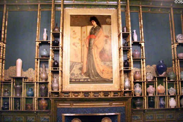 Peacock Room wall decorated (1876-7) to display Frederick Leyland's collection of antique Syrian & Oriental ceramics by James McNeil Whistler at Smithsonian Freer Gallery of Art. Washington, DC.