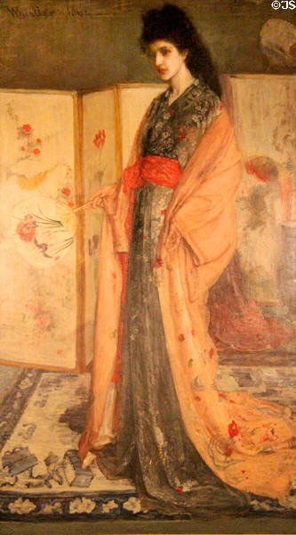 Woman in Japanese dress painting (c1876) by James McNeil Whistler as part of Peacock Room for Frederick Leyland mansion n London at Smithsonian Freer Gallery of Art. Washington, DC.