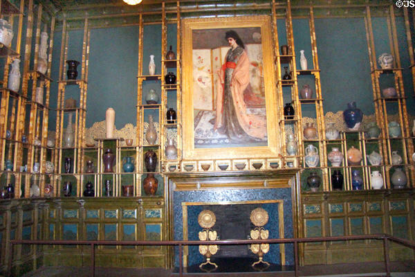 Peacock Room wall decorated (1876-7) to display Frederick Leyland's collection of antique ceramics by James McNeil Whistler at Smithsonian Freer Gallery of Art. Washington, DC.