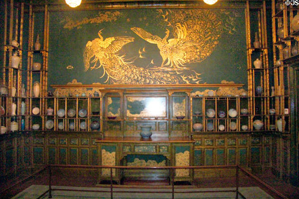 Peacock Room wall decorated (1876-7) to display Frederick Leyland's collection of antique ceramics by James McNeil Whistler at Smithsonian Freer Gallery of Art. Washington, DC.