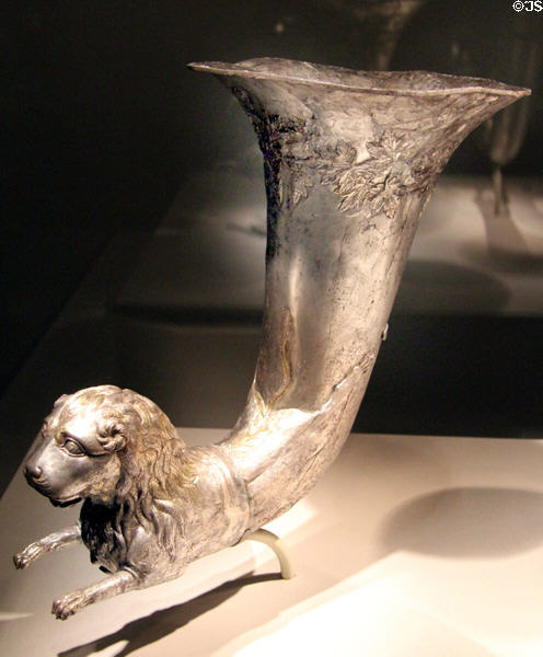 Silver & gold Parthian wine horn with lion head (1st C BCE-1st C CE) from Iran at Smithsonian Arthur M. Sackler Gallery. Washington, DC.