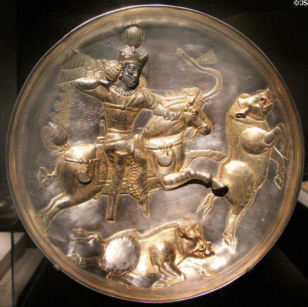 Silver & gold Sasanian plate with horseman hunting boars (4th C) from Iran at Smithsonian Arthur M. Sackler Gallery. Washington, DC.