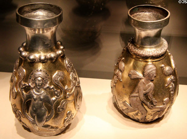 Silver & gold Sasanian bottles with Dionysus scene (6-7th C) from Iran at Smithsonian Arthur M. Sackler Gallery. Washington, DC.