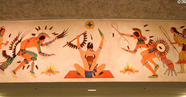 Worship detail of Ceremonial Dance mural (1939) by Stephen Mopope at Interior Department. Washington, DC.