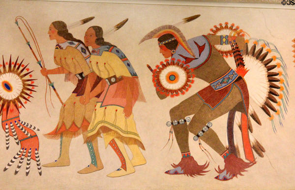 Native dancers detail of Ceremonial Dance mural (1939) by Stephen Mopope at Interior Department. Washington, DC.