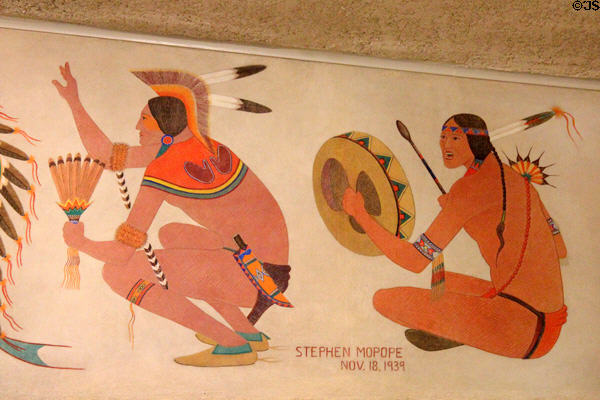 Signature detail of Ceremonial Dance mural (1939) by Stephen Mopope at Interior Department t. Washington, DC.