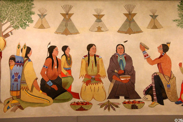 Native women detail of Harvest Dance mural (1939) by James Auchia at Interior Department. Washington, DC.