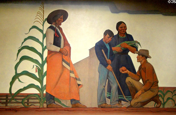 Bureau of Indian Affairs: Natives with Teacher painting (1939) by Maynard Dixon at Interior Department. Washington, DC.