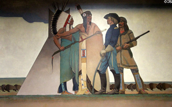 Bureau of Indian Affairs: Native Americans with cavalry officer painting (1939) by Maynard Dixon at Interior Department. Washington, DC.