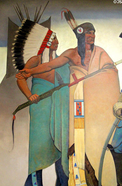 Detail of Bureau of Indian Affairs: Native Americans with cavalry officer painting (1939) by Maynard Dixon at Interior Department. Washington, DC.