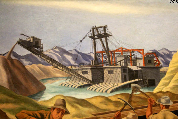 Dredger detail of Placer Mining for Gold painting (1938) by Ernest Fiene at Interior Department. Washington, DC.