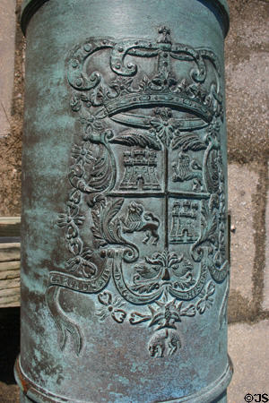 Spanish royal crest on 4,800 lb bronze cannon (1764) with range of 3.5 miles at Castillo de San Marcos. St Augustine, FL.