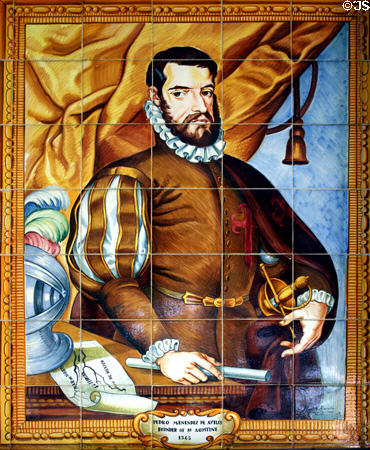 Tile mural of Don Pedro Menendez de-Aviles (1519-74) who founded St. Augustine on Sept. 8, 1565 in museum of The Oldest House. St Augustine, FL.