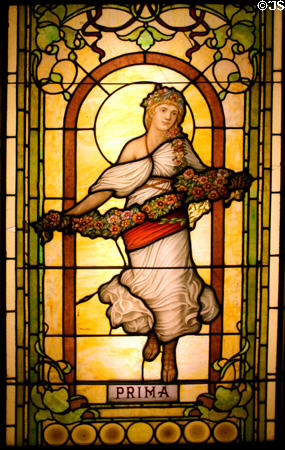 Late 19th C colored American glass window showing Spring or Prima at Lightner Museum. St Augustine, FL.