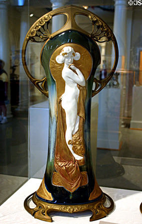 French porcelain Art Nouveau vase with Ormolu mounts (c1900) showing draped woman by Charles Korschmann at Lightner Museum. St Augustine, FL.