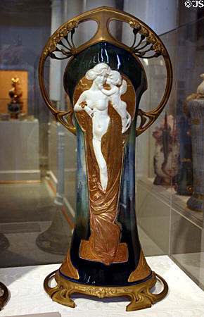 French porcelain Art Nouveau vase with Ormolu mounts (c1900) showing woman & cupid by Charles Korschmann at Lightner Museum. St Augustine, FL.