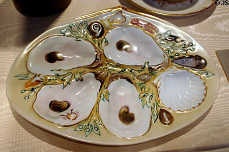 Porcelain Seafood platter shaped with oysters, scallop, mussels (1881) by Union Porcelain Works, Greenpoint Brooklyn, NY at Lightner Museum. St Augustine, FL.