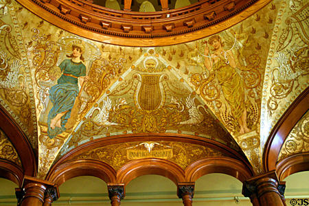 Mythical war & peace goddesses on dome mural by Tojetti & George W. Maynard commemorates Pamphili de Narvaez in Ponce de Leon Hotel. St Augustine, FL.