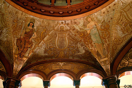 Mythical war & peace goddesses on dome mural by Tojetti & George W. Maynard commemorates Ferdinand de Soto in Ponce de Leon Hotel. St Augustine, FL.