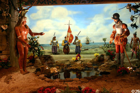Tableau Ponce de Leon finding Fountain of Youth (1513) at spring site. St Augustine, FL.