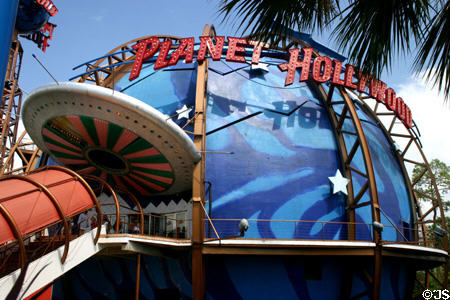 Flying saucer nudges Planet Hollywood at Downtown Disney. Disney World, FL.