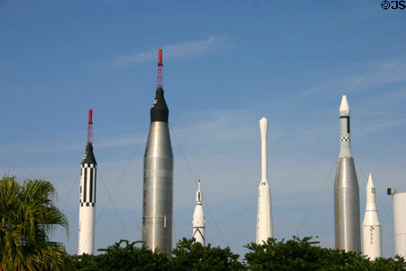 Array of rockets in rocket garden of Kennedy Space Center (Mercury Redstone, Mercury Atlas, Juno I, Delta, Atlas-Agena, Juno II). FL.
