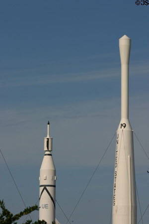 Juno I & tall bubble nose of Delta rocket 19 at Kennedy Space Center. FL.