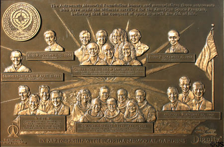 Plaque with images of Astronauts who lost their lives on Memorial at Kennedy Space Center. FL.