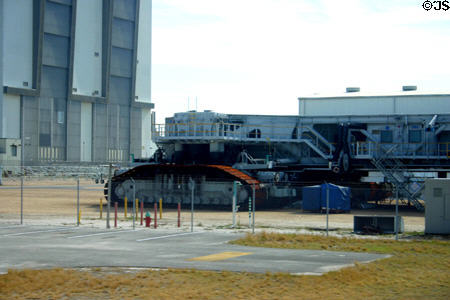 Track of crawler seen against Vehicle Assembly Building at Kennedy Space Center. FL.