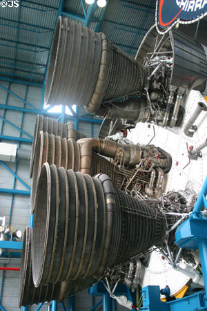 Rocket engine cones of Saturn V stage I in Apollo facility at Kennedy Space Center. FL.