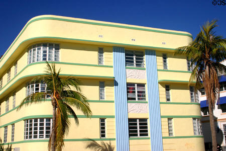 Yellow Barbizon Beach Club (1937) (530 Ocean Dr.). Miami Beach, FL. Style: Moderne. Architect: Henry Hohauser.