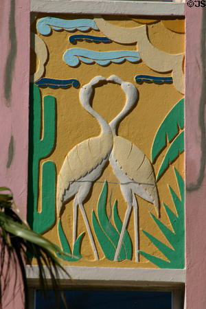 Art Deco relief detail of two flamingos on Ocean Five Hotel. Miami Beach, FL.