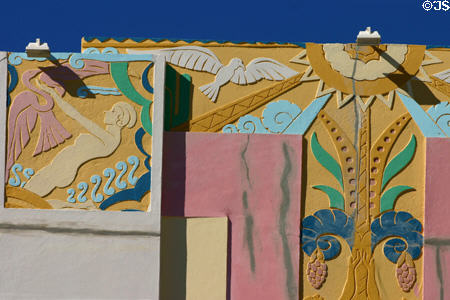 Art Deco relief detail of sunshine & tropical nature on Ocean Five Hotel. Miami Beach, FL.