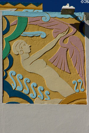 Art Deco relief detail of women with flamingo on Ocean Five Hotel. Miami Beach, FL.