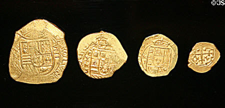 8, 4, 2, & 1 Escudo gold coins (1713-4) from Spanish ship wreck at Historical Museum of Southern Florida. Miami, FL.