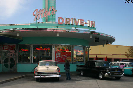 Classic 50's cars outside Mel's Drive-In at Universal Studios. Orlando, FL.