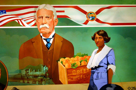 Detail of Five Flags senate mural new State Capitol showing rail tycoon Flagler, orange industry & black woman. Tallahassee, FL.