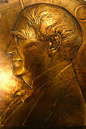 Engraved profile portrait on medal of Thomas Alva Edison. Fort Myers, FL.