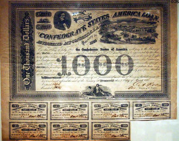 Confederate States of America $1,000 war bond at Atlanta Historical Museum. Atlanta, GA.