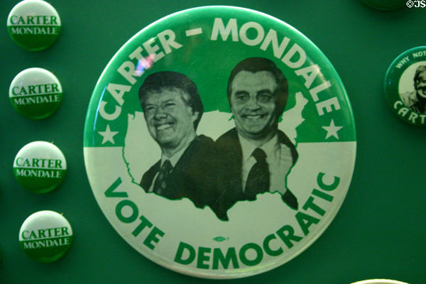 Carter-Mondale campaign pin in Jimmy Carter Presidential Museum. Atlanta, GA.