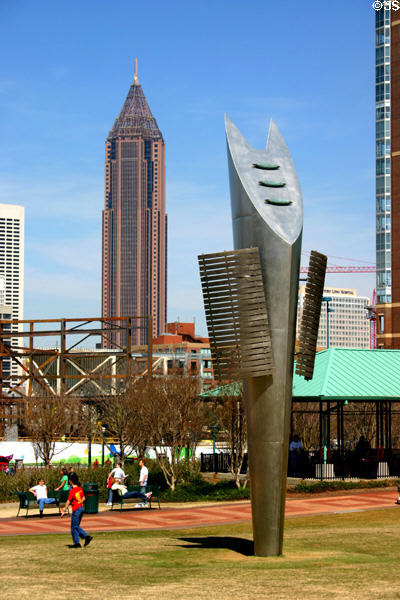 Androgyne Planet sculpture (1996) by Enric Pladevall in Centennial Olympic Park with Bank of America tower beyond. Atlanta, GA.
