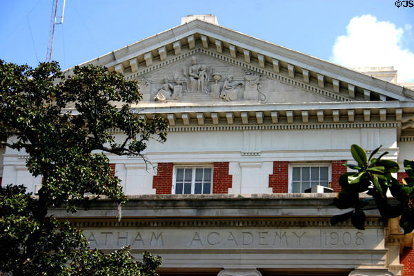 Pediment of Chatham Academy (1908) on Bull above Chippewa Square. Savannah, GA.