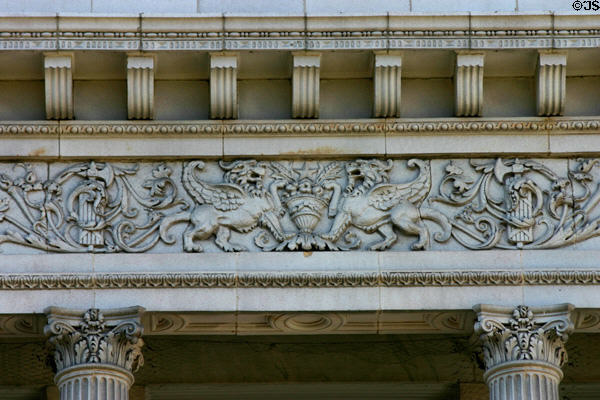 Marble reliefs of winged griffins on U.S. Post Office. Savannah, GA.