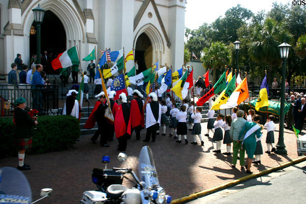 St Patrick's Day procession at Cathedral of St. John the Baptist. Savannah, GA.
