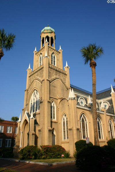 Mickve Israel Synagogue on Monterey Square (1878) for a congregation which arrived 1733. Savannah, GA. Style: Gothic Revival. Architect: Henry Harrison. On National Register.