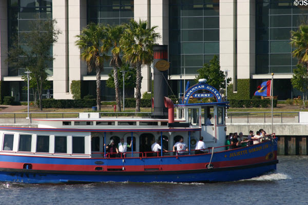 Ferry Juliette Gordon Low shuttles across Savannah River between Convention Center from Factors Walk. Savannah, GA.
